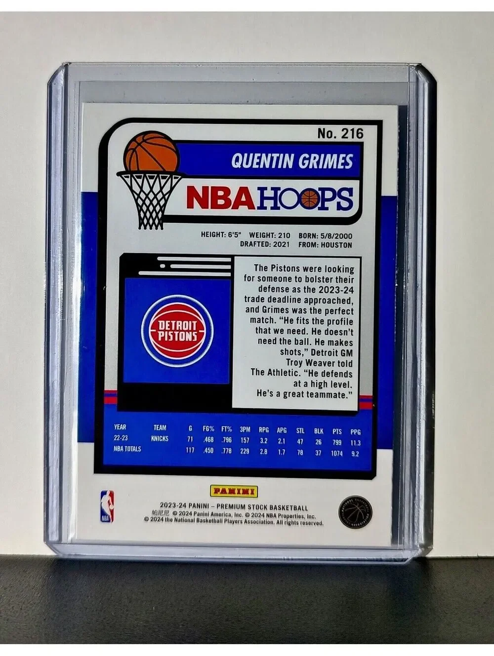Quentin Grimes 2023-24 Panini Premium Stock NBA Hoops #216 Card Detroit Pistons
